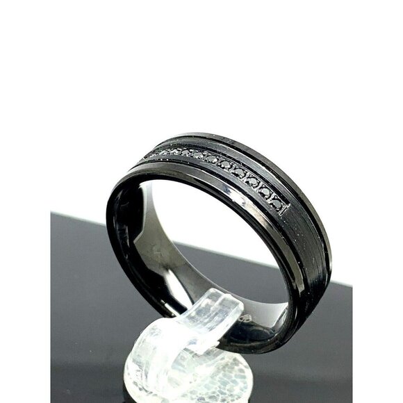 Men's Wedding Band Tungsten Black Gemstones 8mm Wide Ring Size 8 - Picture 2 of 15